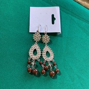 Brown Beaded Silver Tone Hanging Earrings